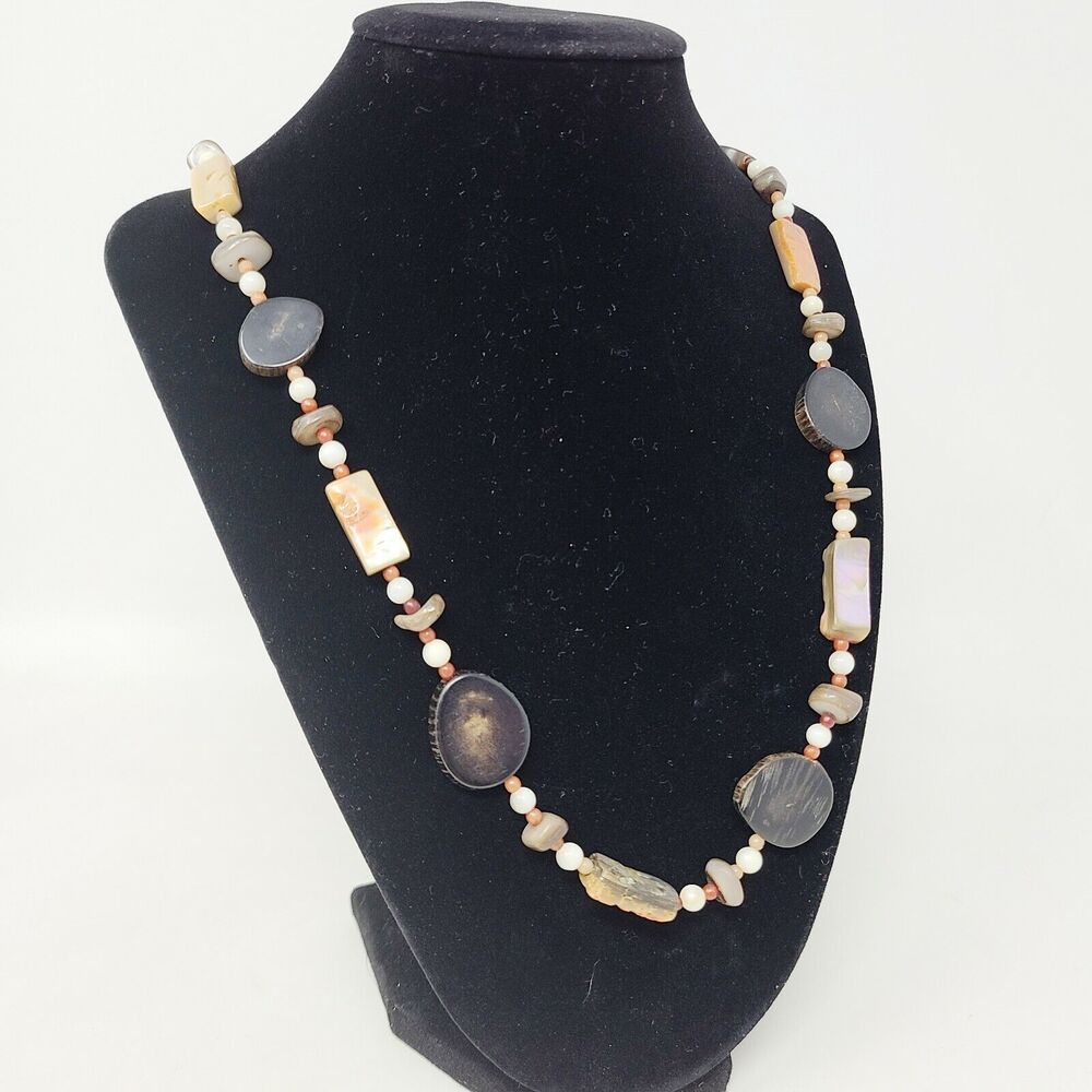 Boho Natural Bead Necklace Horn Slices Howlite Raw Abalone Chunks Stones 26"
